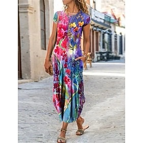 Women’s Casual Dress Floral Graphic Pocket Print Crew Neck Long Dress Maxi Dress Vacation Short Sleeve&nbsp;Summer